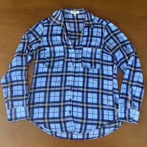 Express Plaid Sheer Portofino Button Down V Neck Adjustable Sleeve blue summer